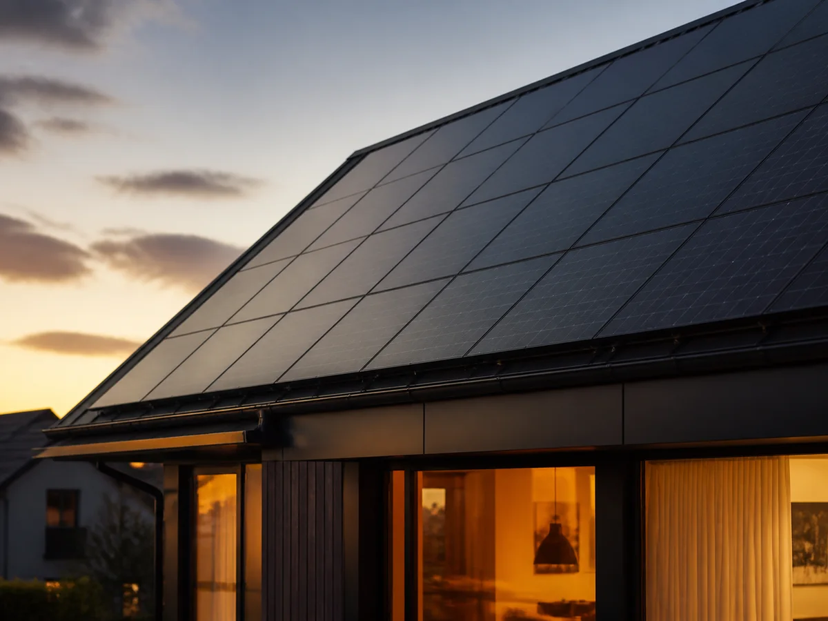 Moderne Solaranlage auf einem Wohnhaus am Abend